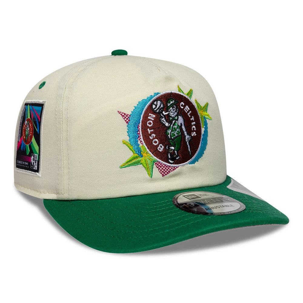 Boston Celtics NBA Hardwood Classic Cream & Green New Era 19TWENTY Adjustable Cap, three-quarter view showing a embroidered Boston Celtics graphic on the front panel, green flat visor with a 19TWENTY size sticker, and a colourful side patch.