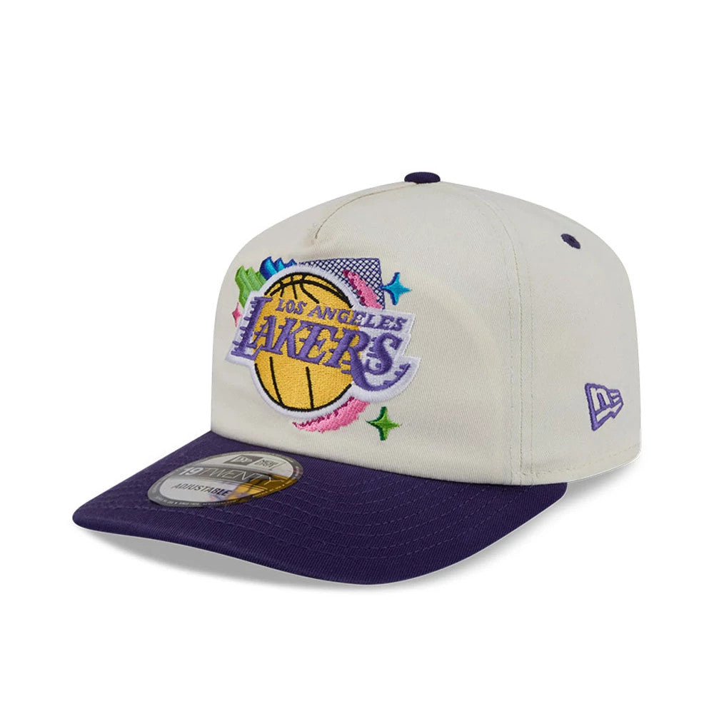 LA Lakers NBA Hardwood Classic White New Era 19TWENTY Adjustable Cap, three-quarter view showing the colourful embroidered Lakers basketball logo on the front panel, a purple flat visor with a 19TWENTY size sticker.