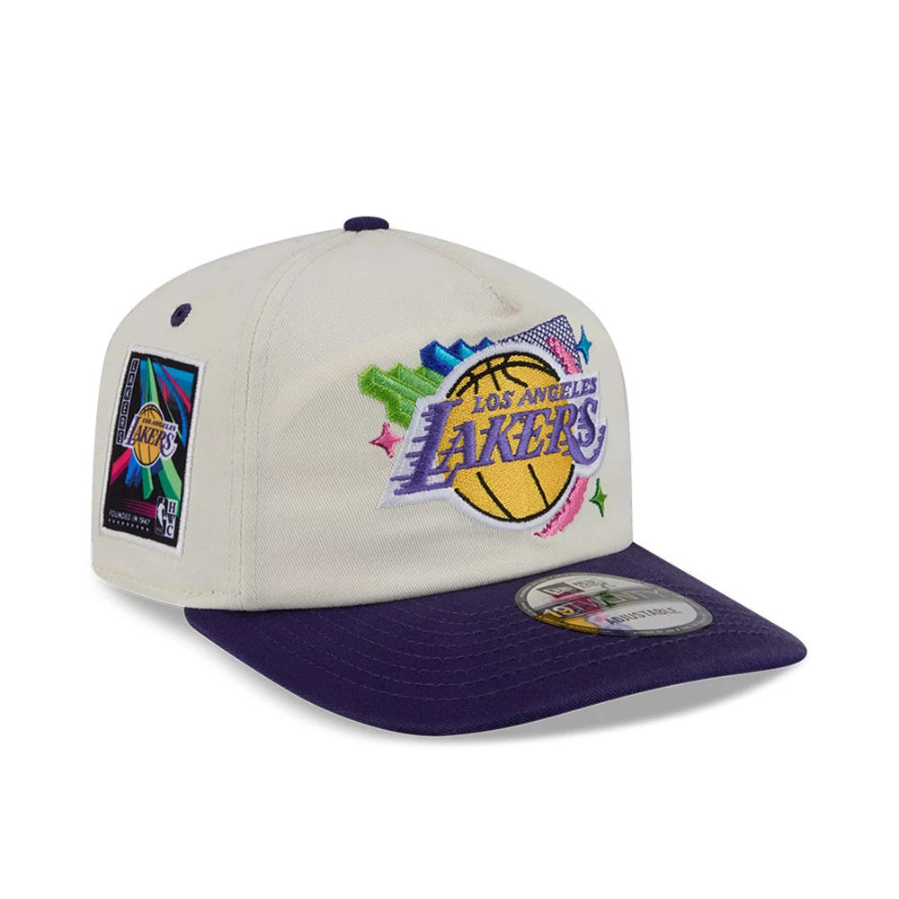 LA Lakers NBA Hardwood Classic White New Era 19TWENTY Adjustable Cap, three-quarter view showing a colourful embroidered team logo on the front panel, purple flat visor with 19TWENTY size sticker, and a vintage style label on the left side.