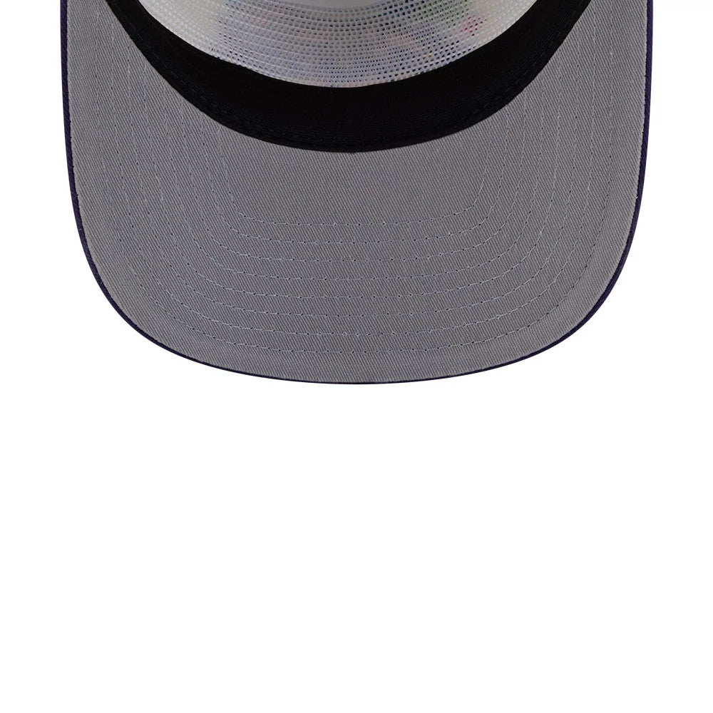 LA Lakers NBA Hardwood Classic White New Era 19TWENTY Adjustable Cap, inside view showing a grey undervisor with detailed stitching lines, a black sweatband encircling the interior, and the signature woven taping in a black and white pattern.