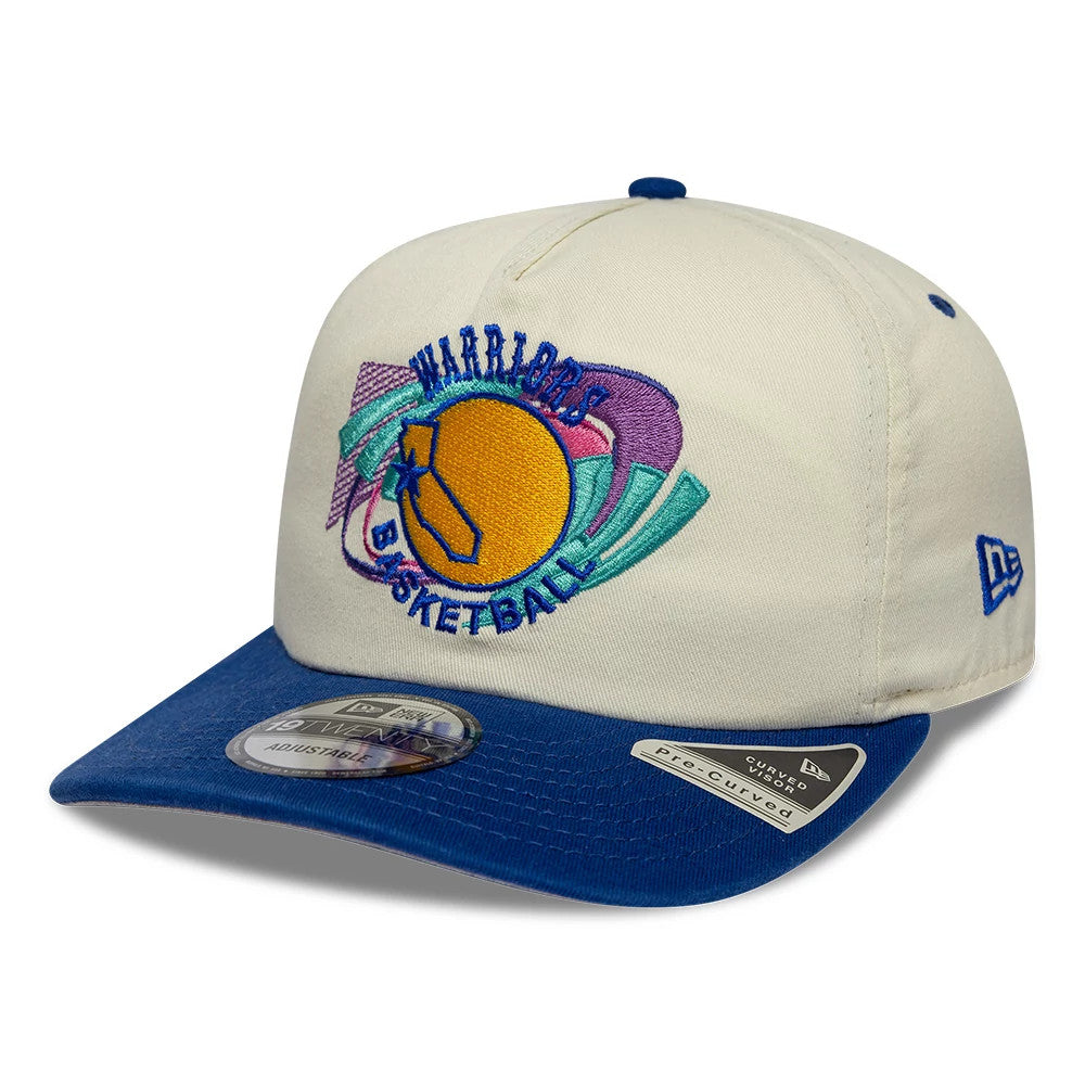 Golden State Warriors NBA Hardwood Classic Cream New Era 19TWENTY Adjustable Cap, front view showing a embroidered Warriors basketball logo on the cream crown, with a contrasting blue curved visor and a 19TWENTY size sticker.
