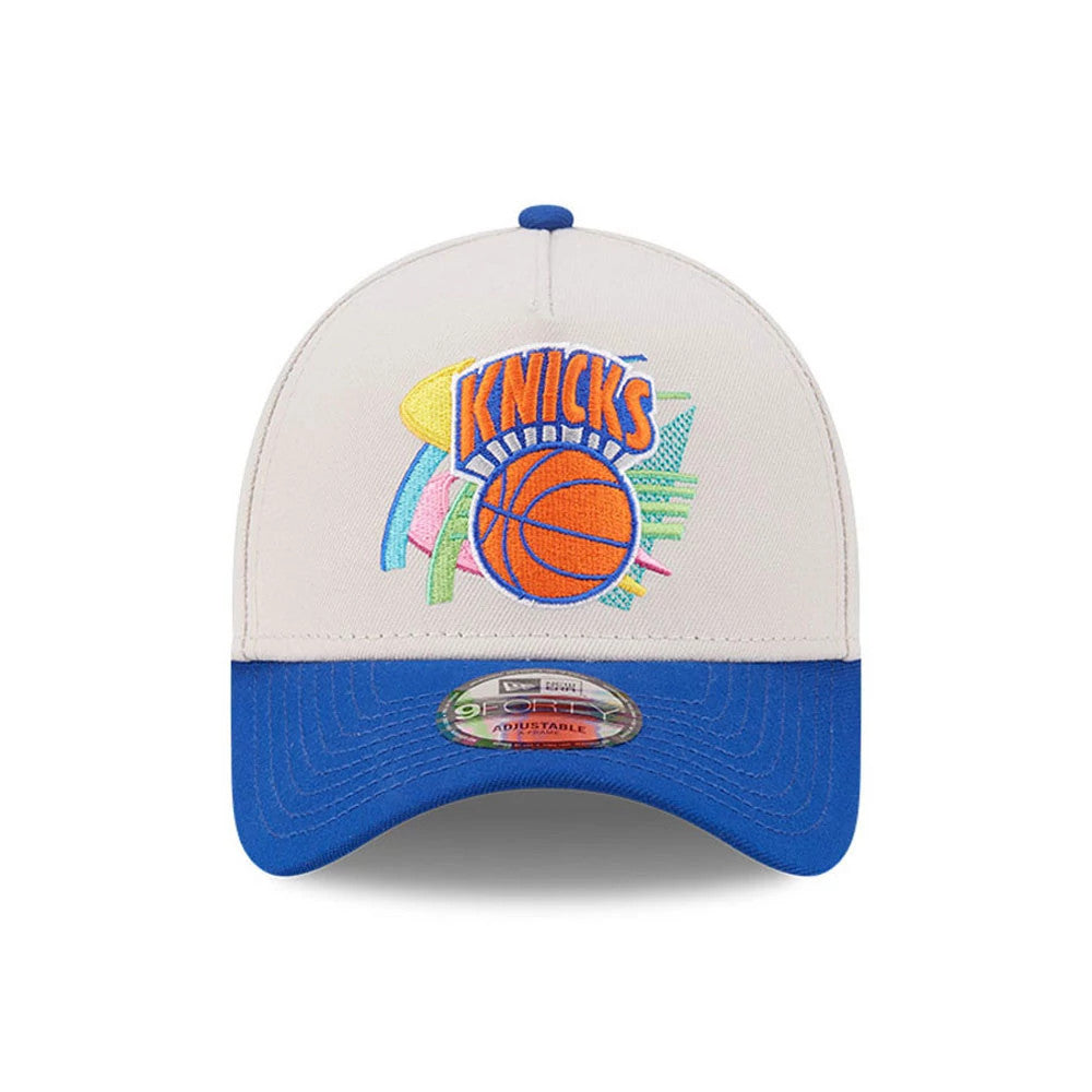 Pictured is this NBA Hardwood Classic New York Knicks 9FORTY A-Frame Adjustable cap in light beige & blue. 3