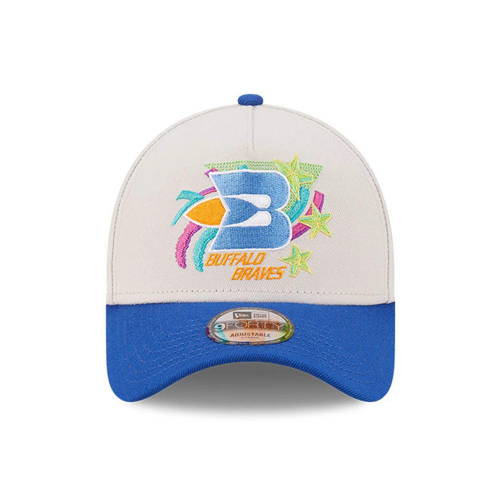 Pictured is this NBA Hardwood Classic Buffalo Braves 9FORTY A-Frame Adjustable cap in light beige & blue. 3