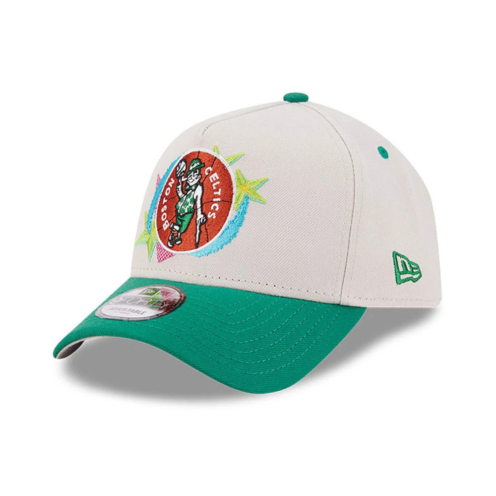 Pictured is this NBA Hardwood Classic Boston Celtics 9FORTY A-Frame Adjustable cap in light beige & green. 4