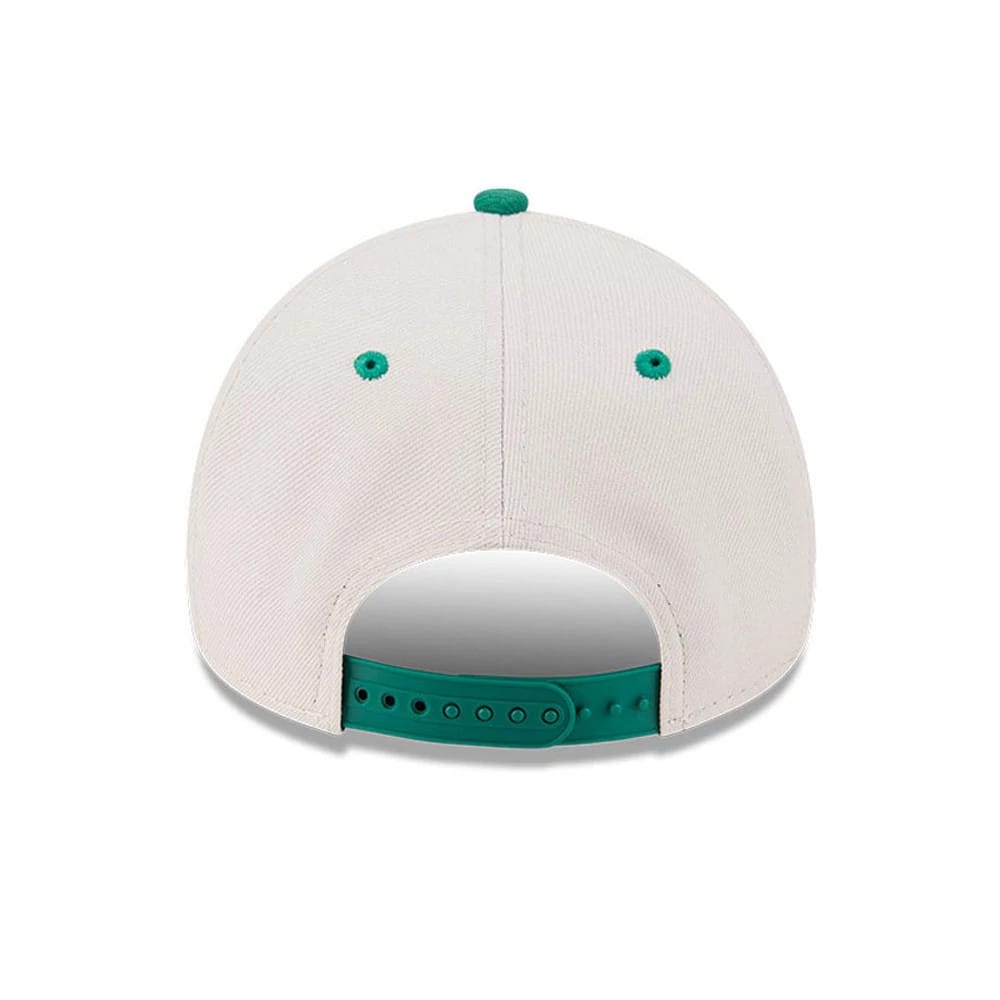 Pictured is this NBA Hardwood Classic Boston Celtics 9FORTY A-Frame Adjustable cap in light beige. 7