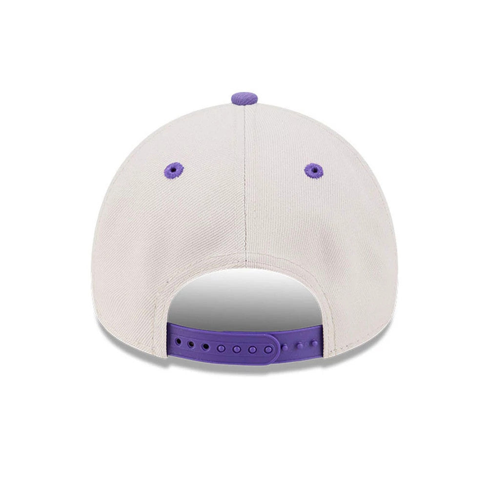 LA Lakers NBA Hardwood Classic Light Beige New Era 9FORTY A-Frame Adjustable Cap, rear view showing the structured light beige crown with purple embroidered eyelets and top button, featuring a matching purple adjustable strap at the back.