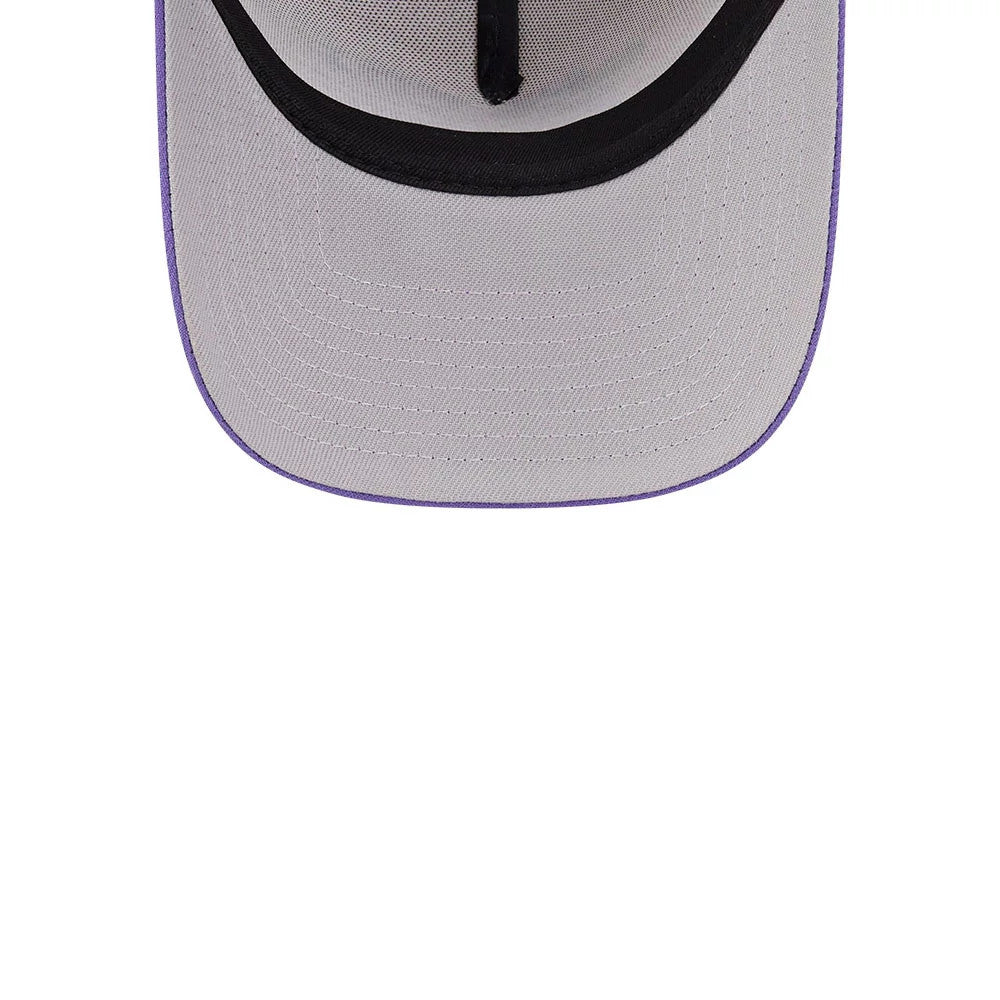 Pictured is this NBA Hardwood Classic LA Lakers 9FORTY A-Frame Adjustable cap in light beige & purple. 2