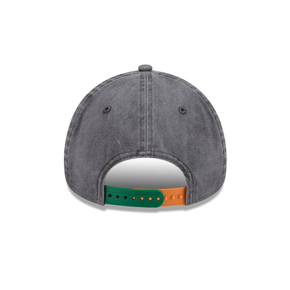 Bugs Bunny Looney Tunes Grey New Era 9FORTY A-Frame Adjustable Cap, rear view showing the faded grey structured crown with matching eyelets and top button, featuring a contrasting green and orange snap closure for adjustable sizing.
