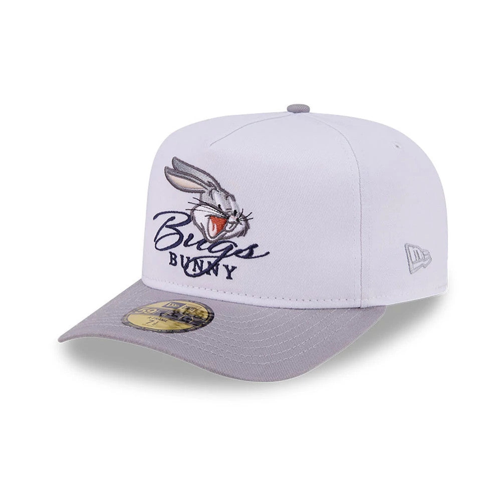 Pictured is this Looney Tunes Bugs Bunny Script 59FIFTY A-Frame Fitted cap in white & grey. 4