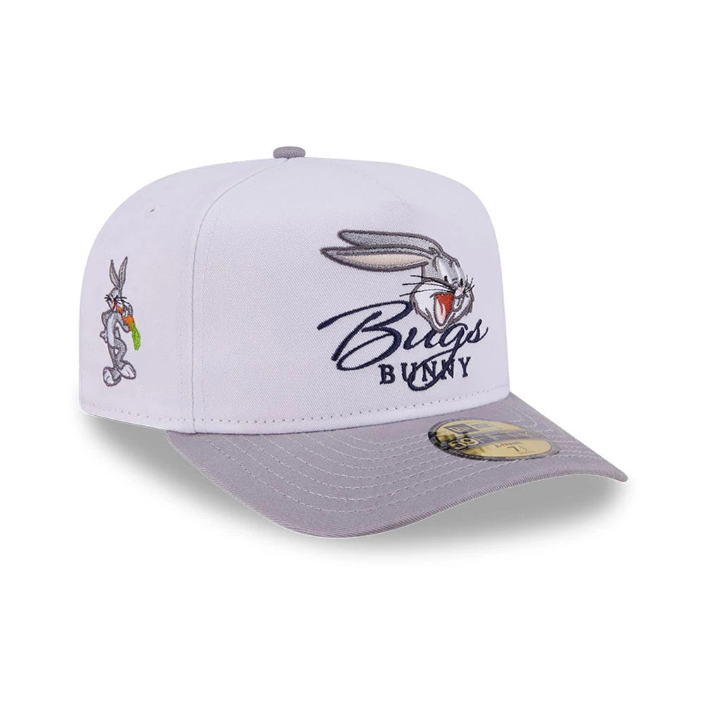 Pictured is this Looney Tunes Bugs Bunny Script 59FIFTY A-Frame Fitted cap in white & grey. 1
