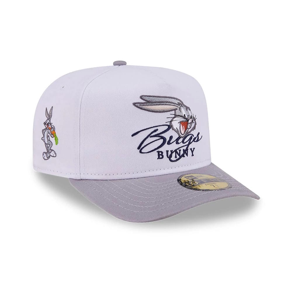 Pictured is this Looney Tunes Bugs Bunny Script 59FIFTY A-Frame Fitted cap in white & grey. 1