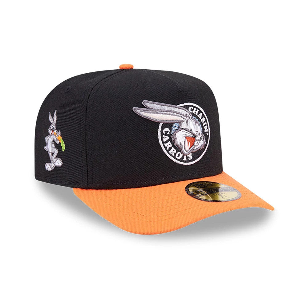 Pictured is this Looney Tunes Chasin Carrots Bugs Bunny 59FIFTY A-Frame Fitted cap in black & orange. 1