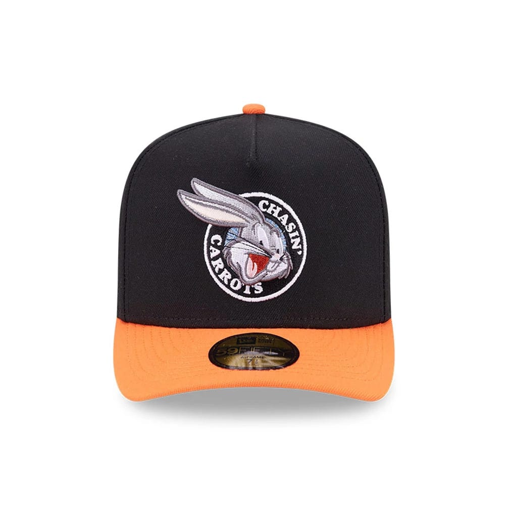 Bugs Bunny Looney Tunes Chasin Carrots Black New Era 59FIFTY A-Frame Fitted Cap, front view showing the embroidered Bugs Bunny Chasin Carrots logo in white and grey on the structured black crown, with an orange visor and gold 59FIFTY size sticker.