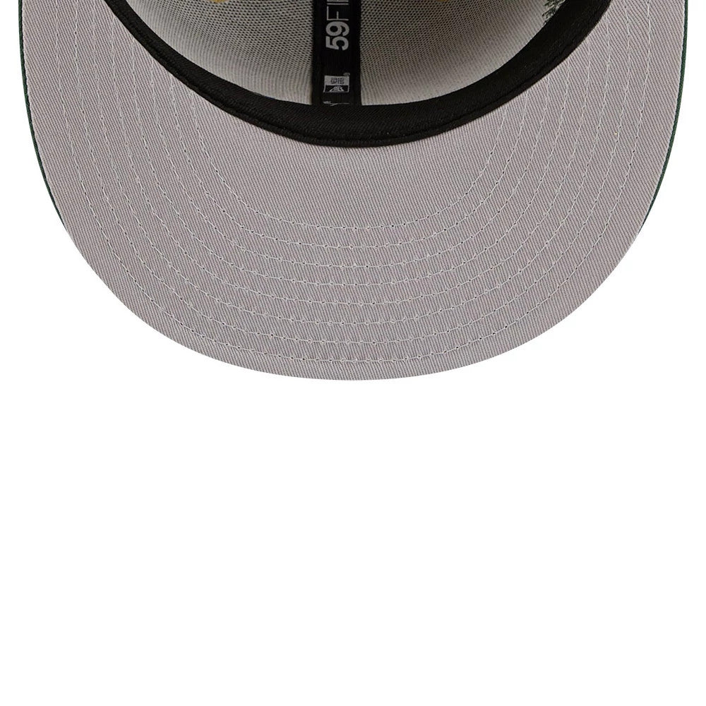 LA Dodgers MLB Agave 2Tone Light Beige & Green New Era 59FIFTY Fitted Cap, inside view showing the grey undervisor, black sweatband, and black taping with the 59FIFTY logo and MLB Batterman logo centred beneath the crown.