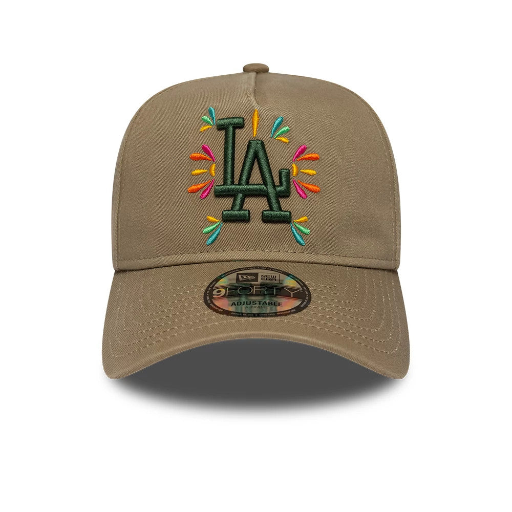 LA Dodgers MLB Vibrant Festivities Beige New Era 9FORTY A-Frame Adjustable Cap, front view showing the multicoloured fireworks embroidery around the green LA logo on the crown, with a curved beige visor and 9FORTY size sticker.