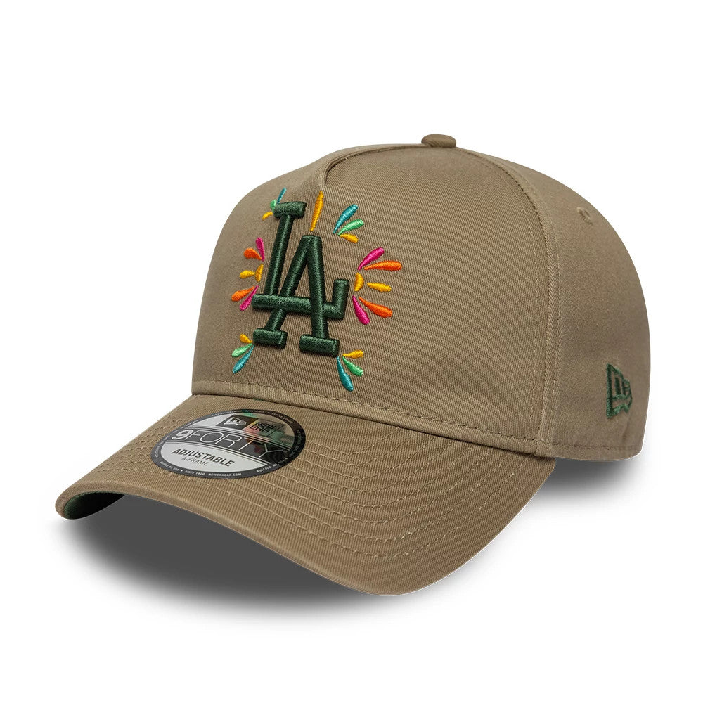 LA Dodgers MLB Vibrant Festivities Beige New Era 9FORTY A-Frame Adjustable Cap, front view showing the green embroidered LA logo with colourful festive accents on the structured beige crown, featuring a curved visor and a 9FORTY size sticker.