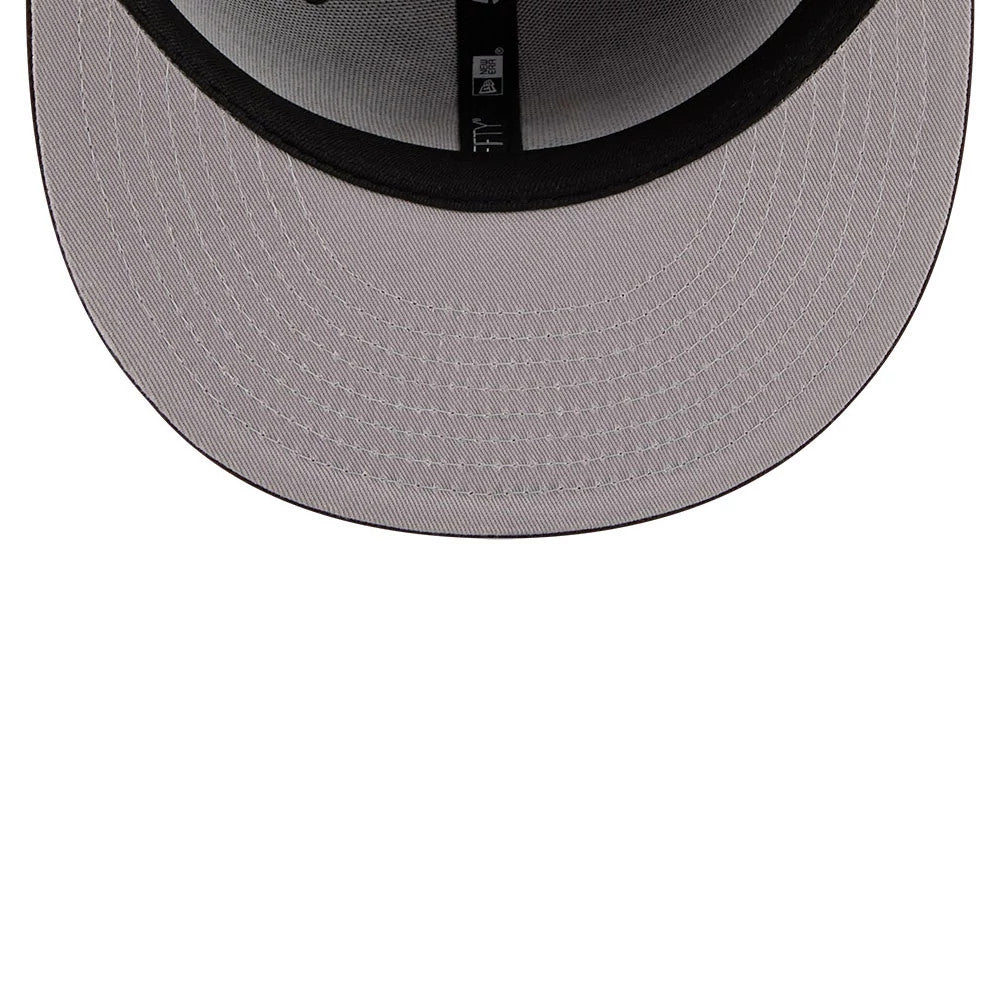 San Diego Padres MLB X Anchorman Stay Classy Black New Era 59FIFTY Fitted Cap, inside view showing a grey undervisor and black sweatband with official New Era taping lining the crown interior.