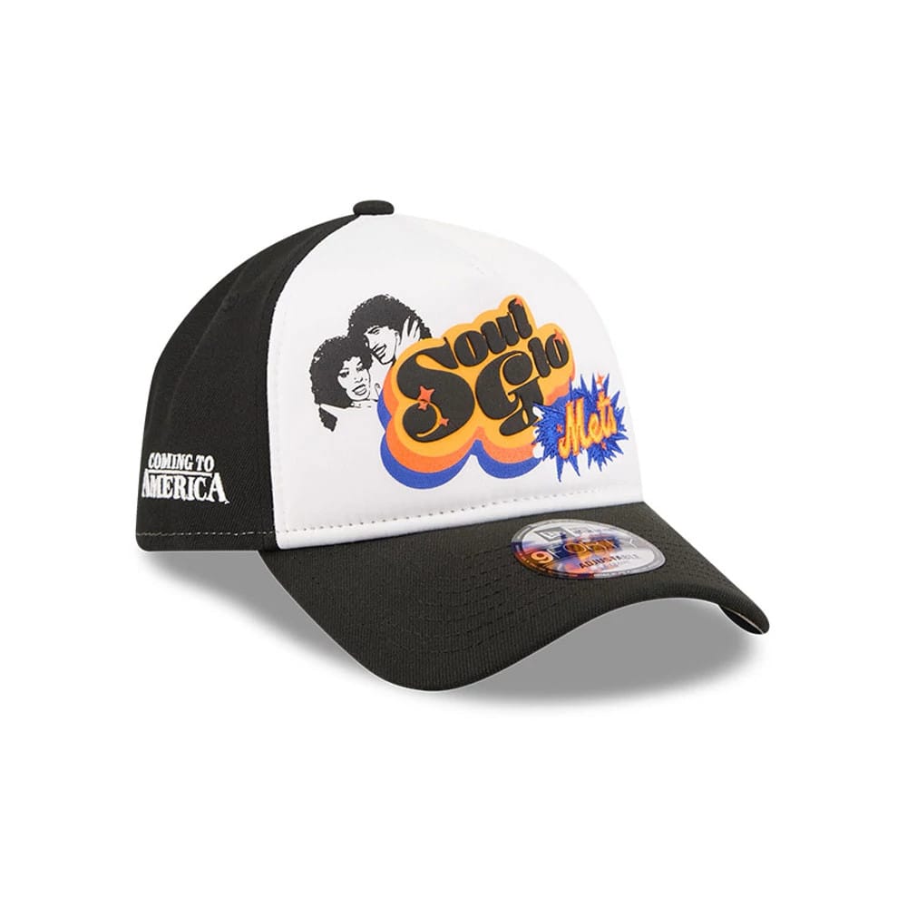 Pictured is this MLB X Coming To America Soul Glo New York Mets 9FORTY A-Frame Adjustable cap in white. 1