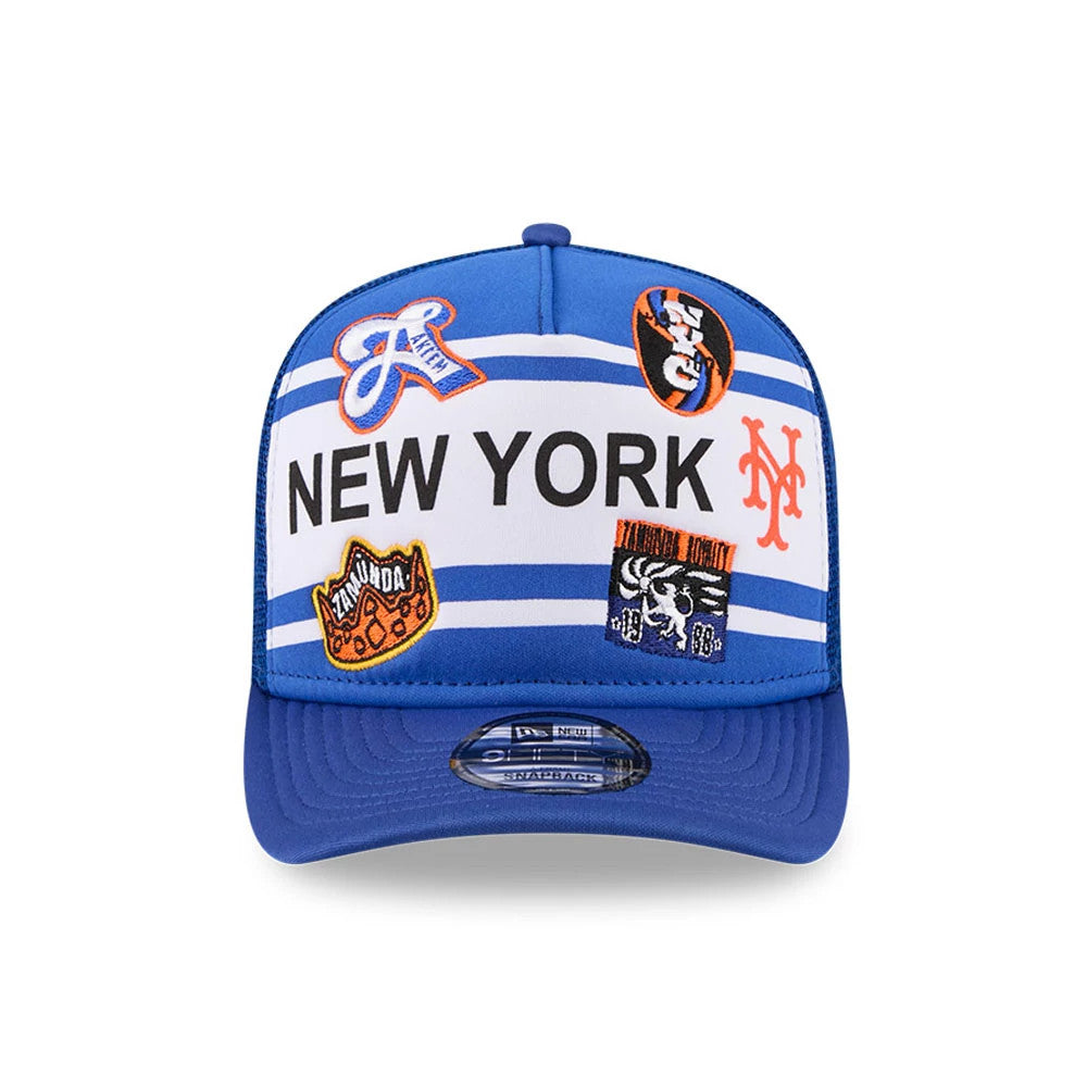 Pictured is this MLB X Coming To America New York Mets 9FIFTY A-Frame Snapback Adjustable cap in blue. 3