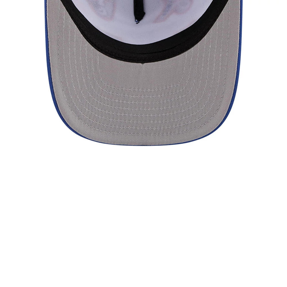 Mets MLB X Coming To America Blue New Era 9FIFTY A-Frame Snapback Adjustable Cap, inside view showing a grey undervisor, black sweatband around the edge, and white taping across the inner crown.