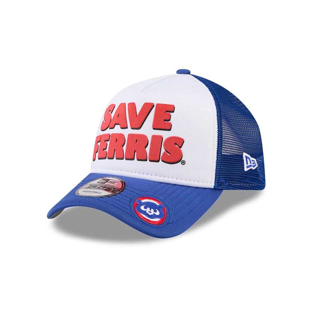 Pictured is this MLB X Ferris Bueller's Day Off Chicago Cubs 9FORTY A-Frame Trucker Adjustable cap in white. 1