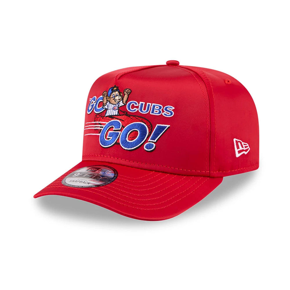 Cubs MLB X Ferris Bueller's Day Off Red New Era 9FIFTY A-Frame Snapback Adjustable Cap, front view showing a embroidered design featuring a mascot with Go Cubs Go! text, a 9FIFTY size sticker on the red curved visor.