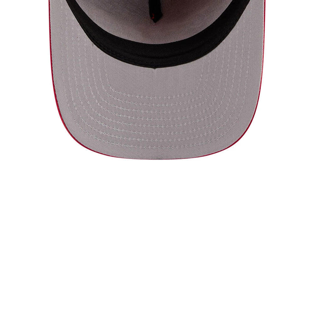 Cubs MLB X Ferris Bueller's Day Off Red New Era 9FIFTY A-Frame Snapback Adjustable Cap, inside view showing the grey undervisor with detailed stitching, black sweatband lining the edge, and red trim accentuating the design.