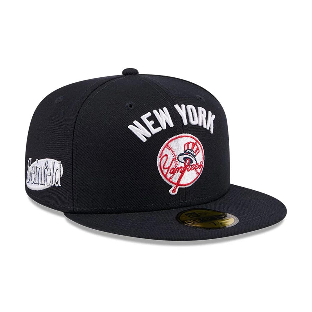Pictured is this MLB X Seinfeld New York Yankees 59FIFTY Fitted cap in navy. 1