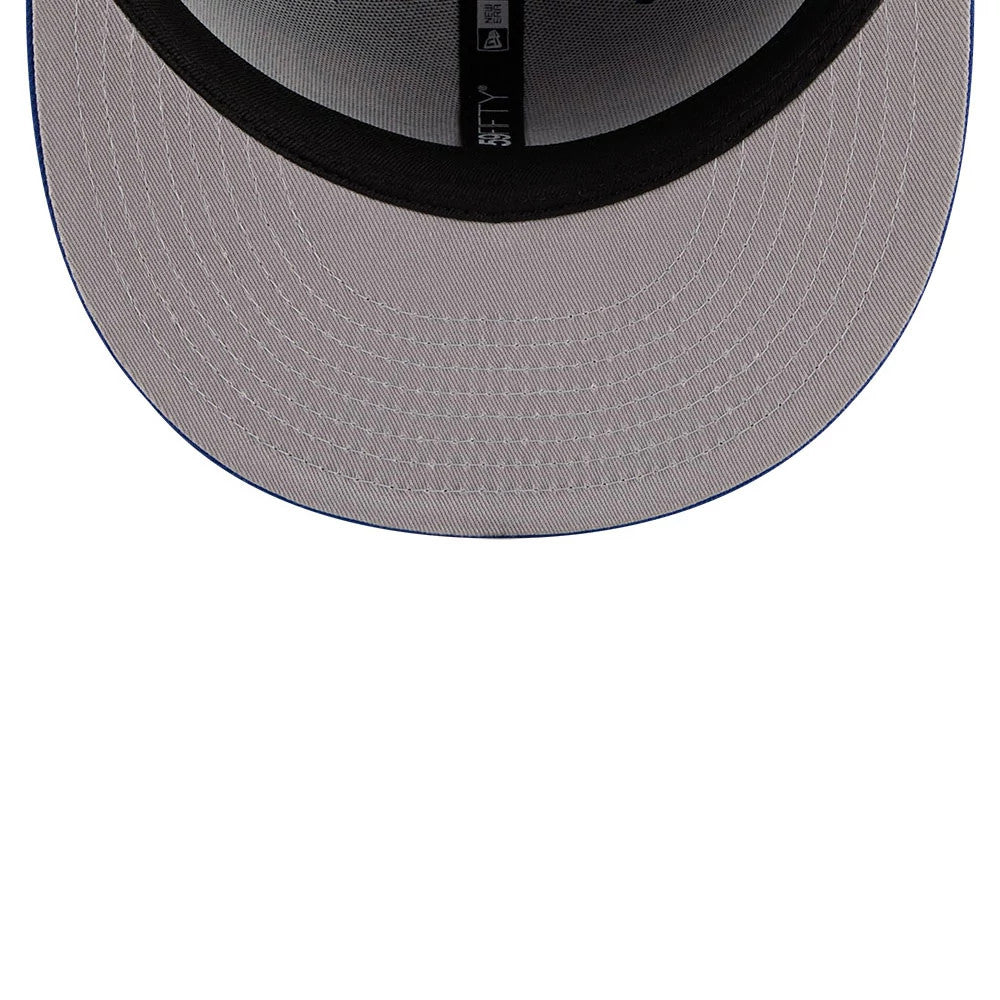 New York Mets MLB X Seinfeld Blue New Era 59FIFTY Fitted Cap, inside view showing a grey undervisor, black sweatband, and the New Era and 59FIFTY logos printed on the black inner taping.