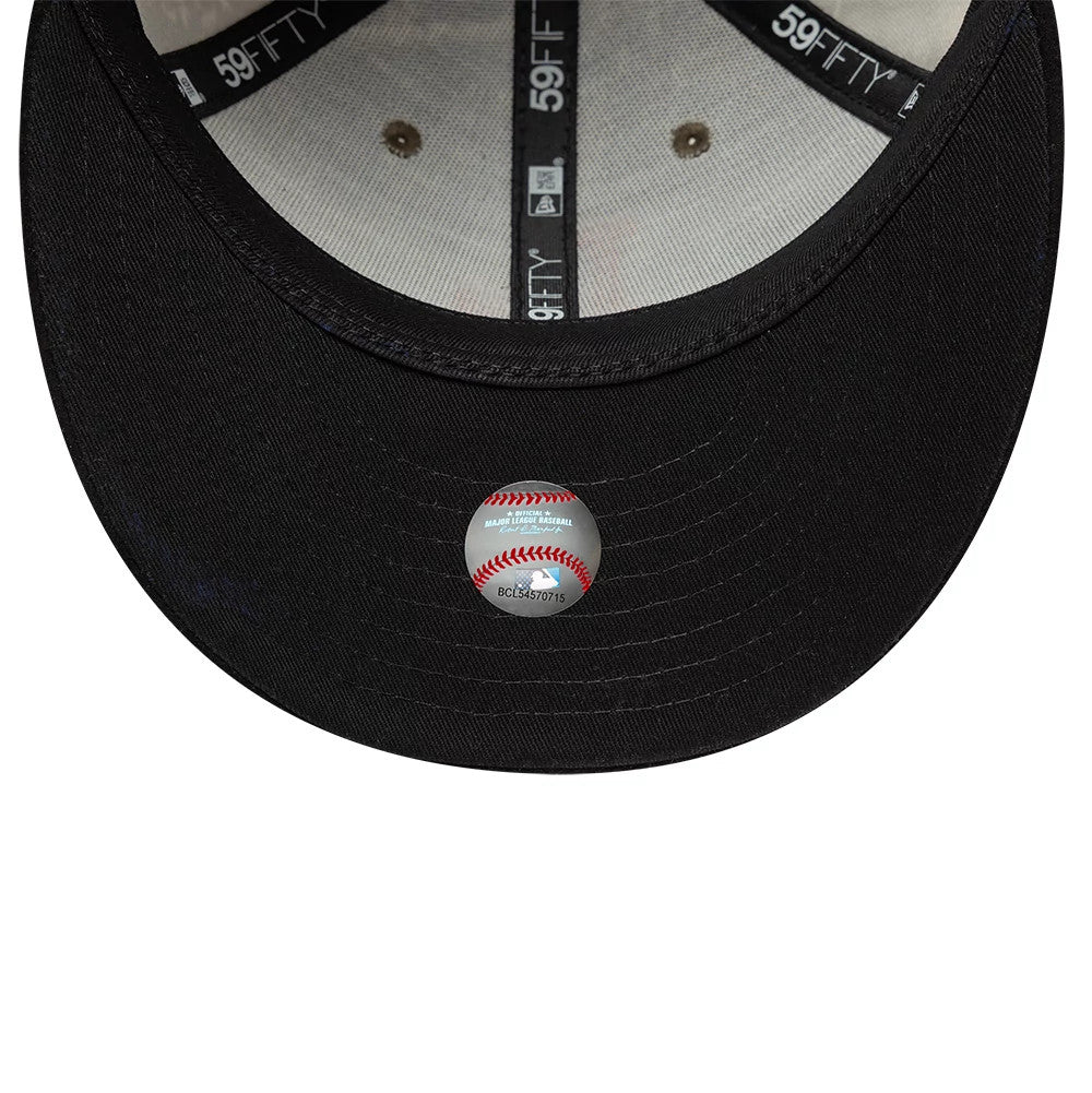 LA Dodgers MLB Realtree Assorted Print Low Profile New Era 59FIFTY Fitted Cap, inside view showing the grey undervisor with a baseball illustration sticker, black taping along the crown with 59FIFTY branding, and light grey sweatband.