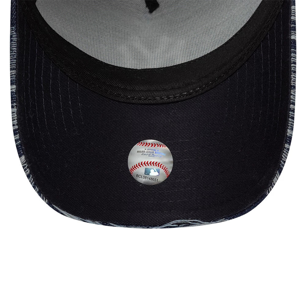 Pictured is this MLB Distressed Denim New York Yankees 9FORTY E-Frame Adjustable cap in navy. 7