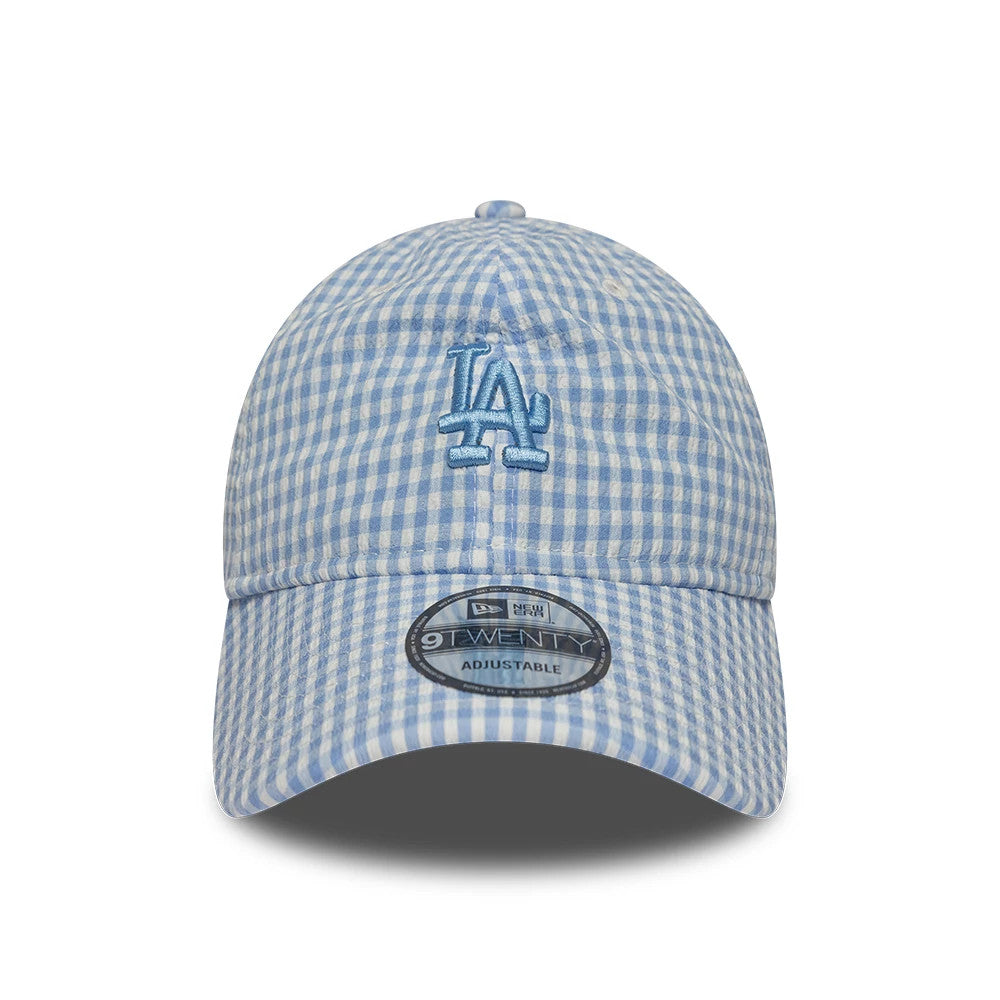 LA Dodgers MLB Gingham Bowback Pastel Blue New Era 9TWENTY Adjustable Cap, front view showing the light blue embroidered LA logo prominently on the structured gingham check crown, with a 9TWENTY size sticker on the slightly curved visor.