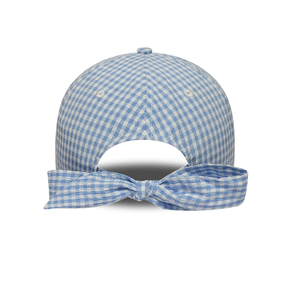 LA Dodgers MLB Gingham Bowback Pastel Blue New Era 9TWENTY Adjustable Cap, rear view showing a large checked gingham bow that ties above the opening, a structured pastel blue crown with a matching top button, and pale blue embroidered eyelets.