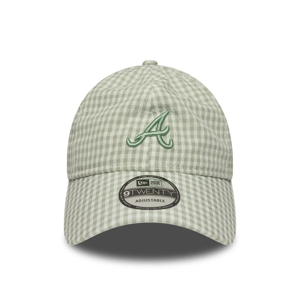 Atlanta Braves MLB Gingham Bowback Pastel Green New Era 9TWENTY Adjustable Cap, front view showing the green embroidered A logo on the pastel green gingham check crown, with a curved visor and a 9TWENTY size sticker on the front.