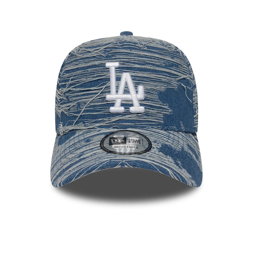 LA Dodgers MLB Distressed Denim Blue New Era 9FORTY E-Frame Adjustable Cap, front view showing a raised white embroidered LA logo on the structured distressed denim crown, with a curved visor and a 9FORTY size sticker on the visor.