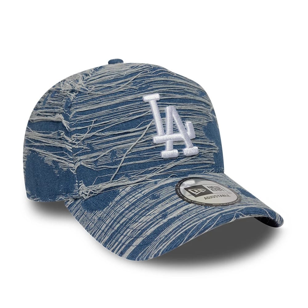 Pictured is this MLB Distressed Denim LA Dodgers 9FORTY E-Frame Adjustable cap in blue. 3