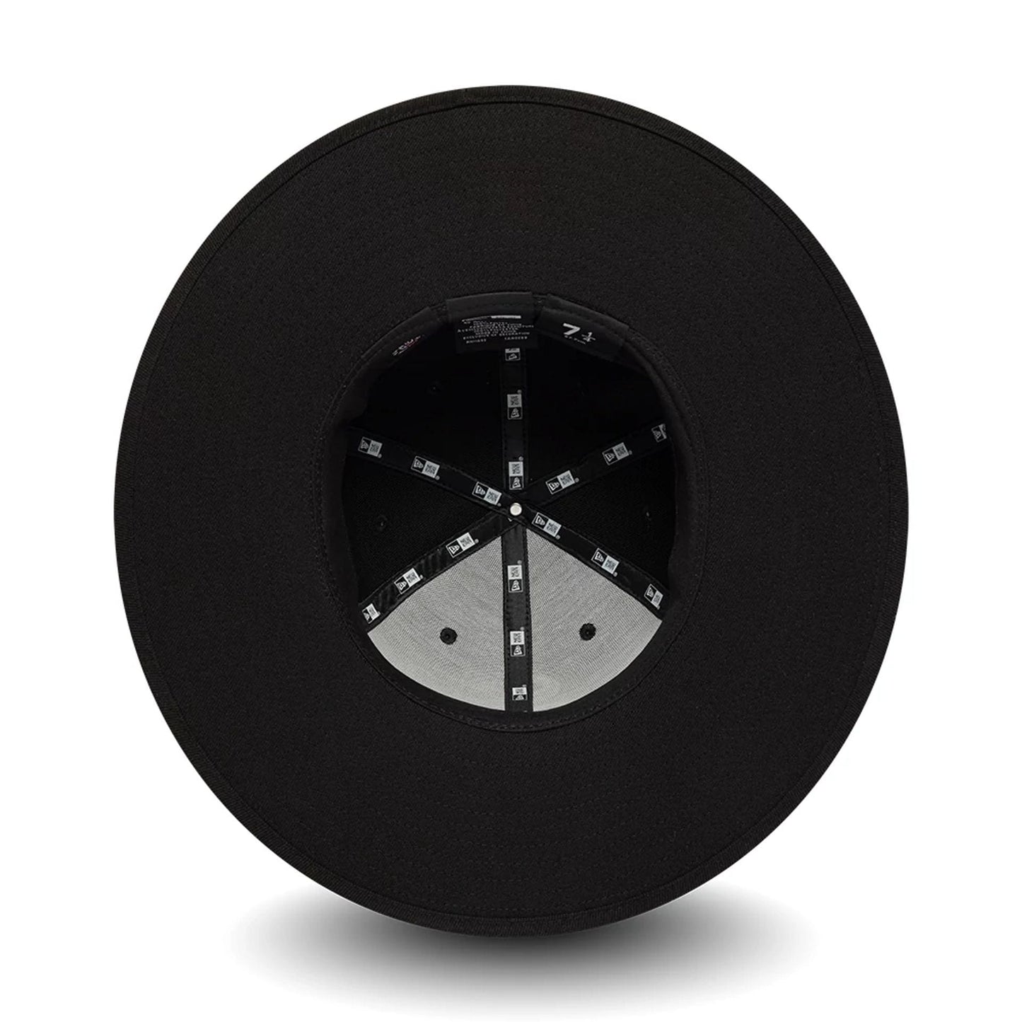 New Era Chicago White Sox MLB 6 Panel Black Fitted Bucket Hat, inside view showing grey panelling with black taping featuring white New Era logos, a black sweatband, and eyelets for ventilation around the structured crown interior.