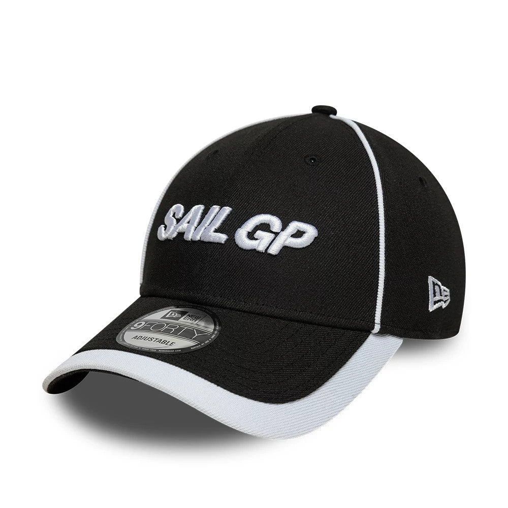 Repreve® Sail GP Piping Black New Era 9FORTY Adjustable Cap, three-quarter view showing the white raised embroidered Sail GP logo on the front panel, contrasting white piping along the crown seams.