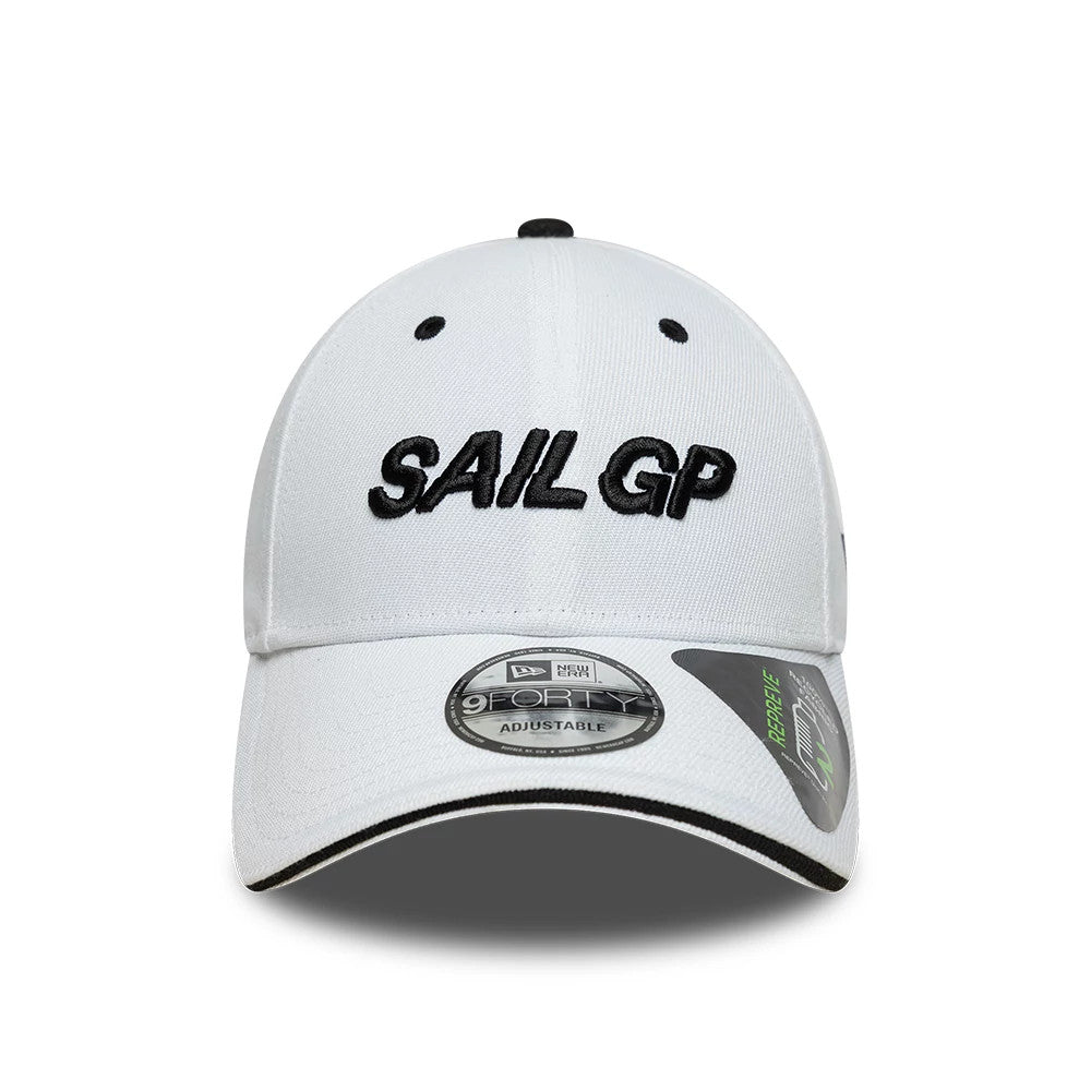 Repreve® Sail GP Sandwich Visor White New Era 9FORTY Adjustable Cap, front view showing the black embroidered SAIL GP logo on the structured white crown, with a contrasting black sandwich visor featuring a 9FORTY size sticker.