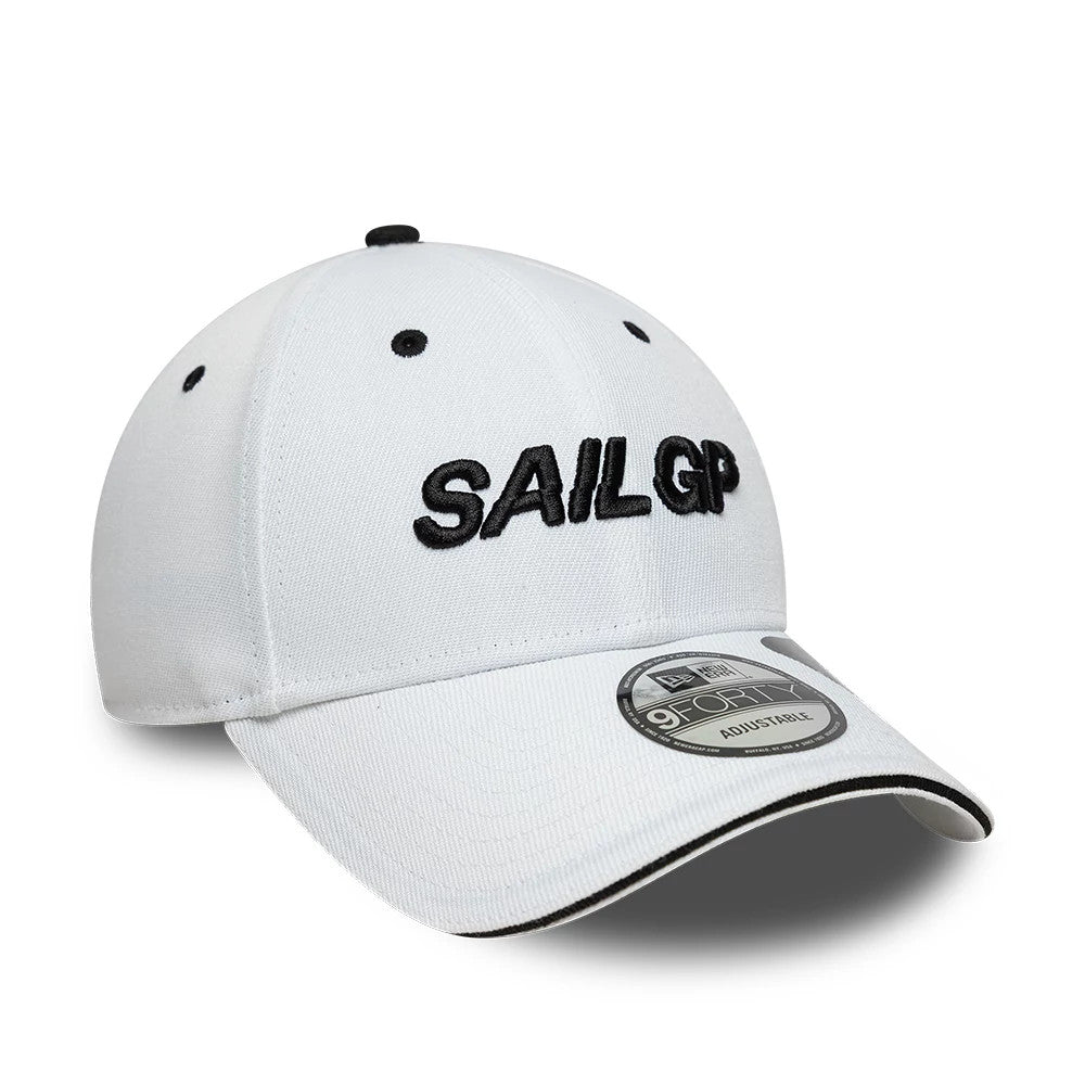 Repreve® Sail GP Sandwich Visor White New Era 9FORTY Adjustable Cap, front view showing black embroidered SAIL GP lettering on the structured white crown, with a contrasting black top button, black eyelets.