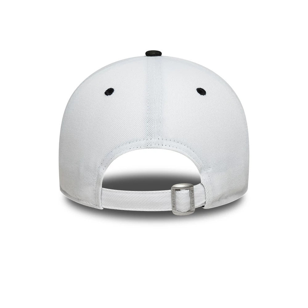 Repreve® Sail GP Sandwich Visor White New Era 9FORTY Adjustable Cap, rear view showing the adjustable strap at the back, a silver buckle for closure, and black embroidered eyelets on the structured white crown.