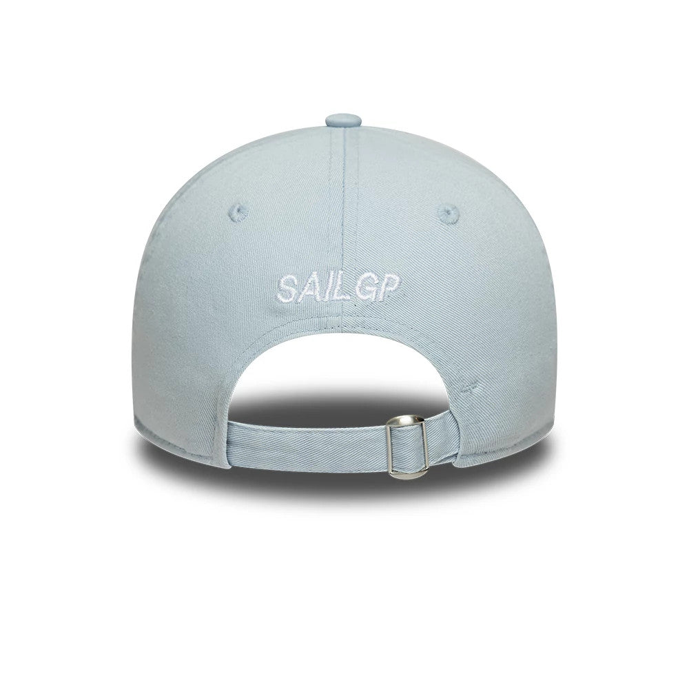 Sail GP Catamaran Pastel Blue New Era 9TWENTY Adjustable Cap, rear view showing the white embroidered Sail GP text at the centre of the back panels, with an adjustable strap featuring a buckle and a pastel blue structured crown.