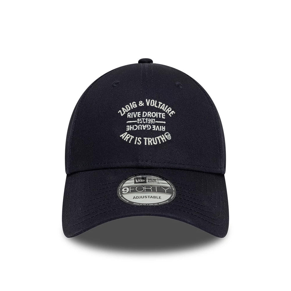 New Era X Zadig & Voltaire Resort Navy 9FORTY Adjustable Cap, front view showing the white embroidered Zadig & Voltaire circular logo on the structured navy crown, with a curved visor and a 9FORTY size sticker on the centre.