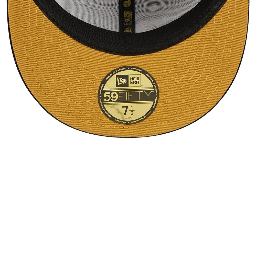 New Era 59FIFTY Day Sidepatch Black 59FIFTY Fitted Cap, inside view showing a mustard yellow undervisor with a gold 59FIFTY size sticker, black sweatband with black and white taping featuring the 59FIFTY logo running through the centre.