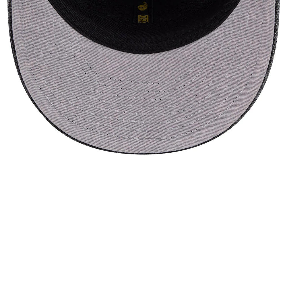 LA Lakers NBA 59FIFTY Day Black Low Profile New Era 59FIFTY Fitted Cap, inside view showing the grey undervisor with neat stitching, a black sweatband along the inner edge, and a gold 59FIFTY size sticker on the interior.