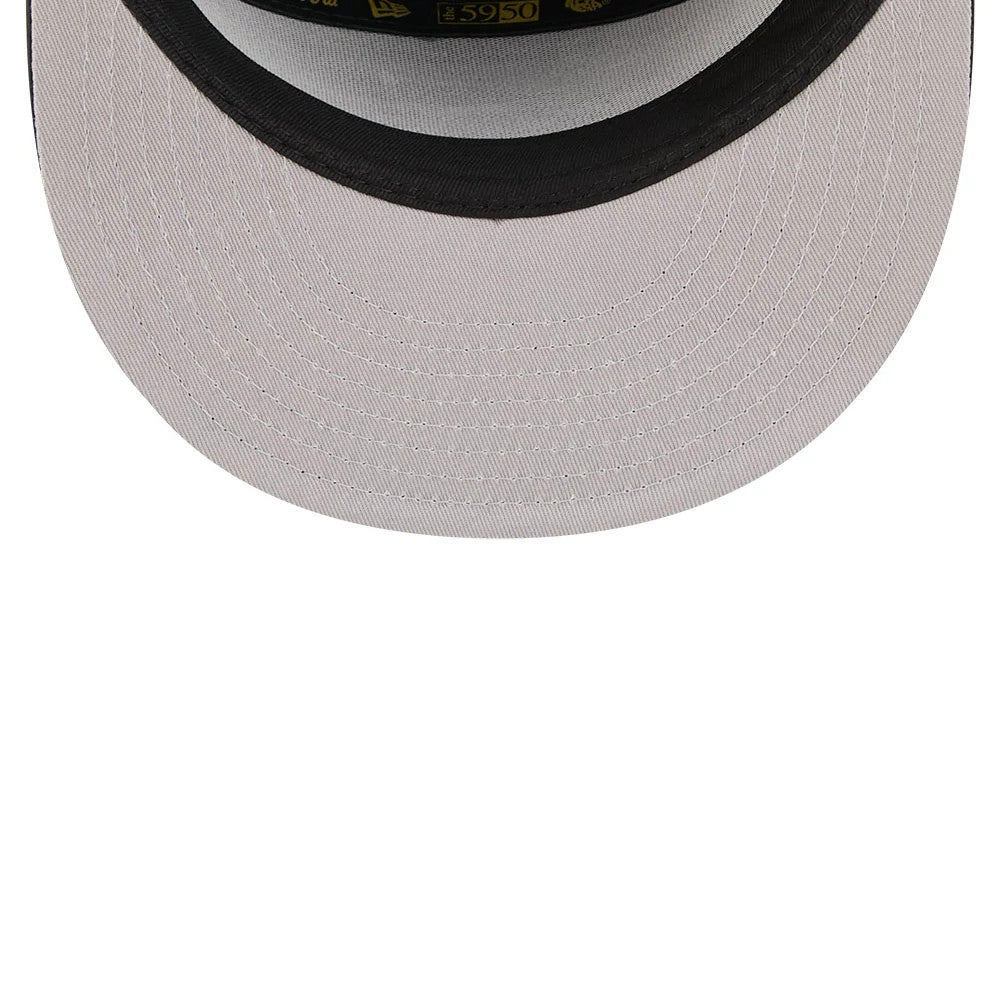 Chicago White Sox MLB 59FIFTY Day Black Split Panel New Era 59FIFTY Fitted Cap, inside view showing the white undervisor, black sweatband with gold logos, and black taping imprinted with New Era and 59FIFTY branding in gold.
