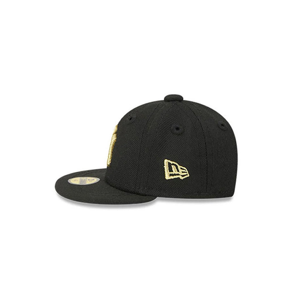New York Yankees MLB New Era 59FIFTY Day Black Mini 59FIFTY Fitted Cap, side view showing the gold embroidered New Era flag logo on the left side and the black structured crown, with gold threading on the raised front logo.