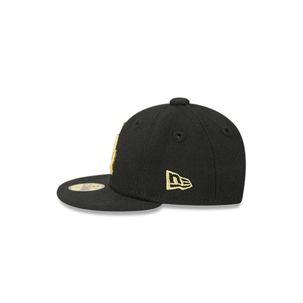 LA Dodgers MLB 59FIFTY Day Black New Era Mini 59FIFTY Fitted Cap, side view showing the yellow embroidered New Era flag logo on the black crown, eyelets for ventilation, and a flat black visor featuring a gold 59FIFTY size sticker.