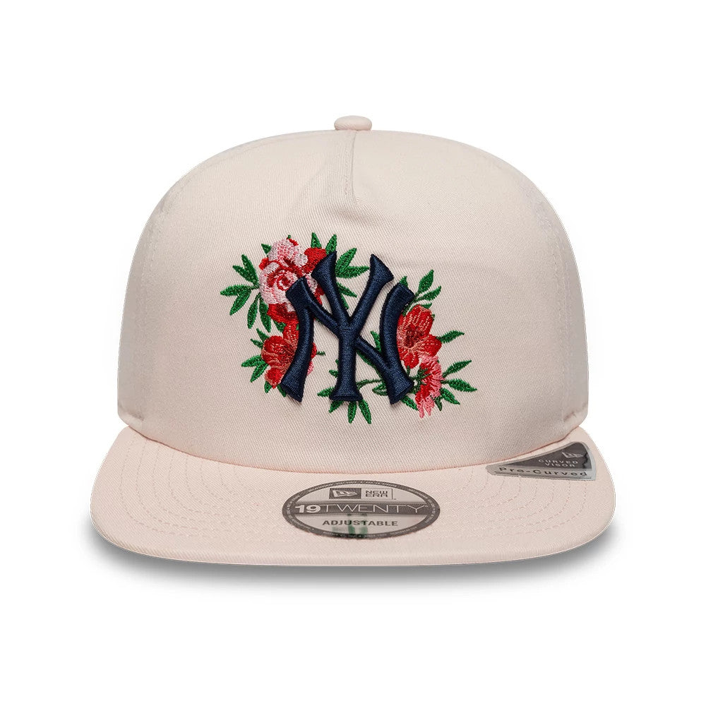New York Yankees MLB Flower Pastel Pink New Era 19TWENTY Adjustable Cap, front view showing a raised navy NY logo embroidered with surrounding red and pink flowers and green leaves on the crown, paired with a flat pink visor.