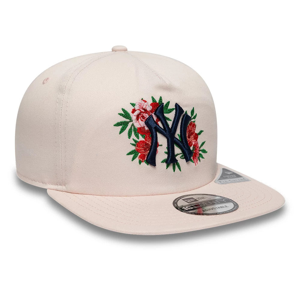 New York Yankees MLB Flower Pastel Pink New Era 19TWENTY Adjustable Cap, front view showing the navy blue embroidered NY logo with red and pink floral accents on the front panel, paired with a pink visor and a 19TWENTY size sticker.